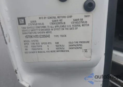 2001 GMC Sierra 1500 Sle из США, поврежденный, VIN 1GTEK14T51Z285642